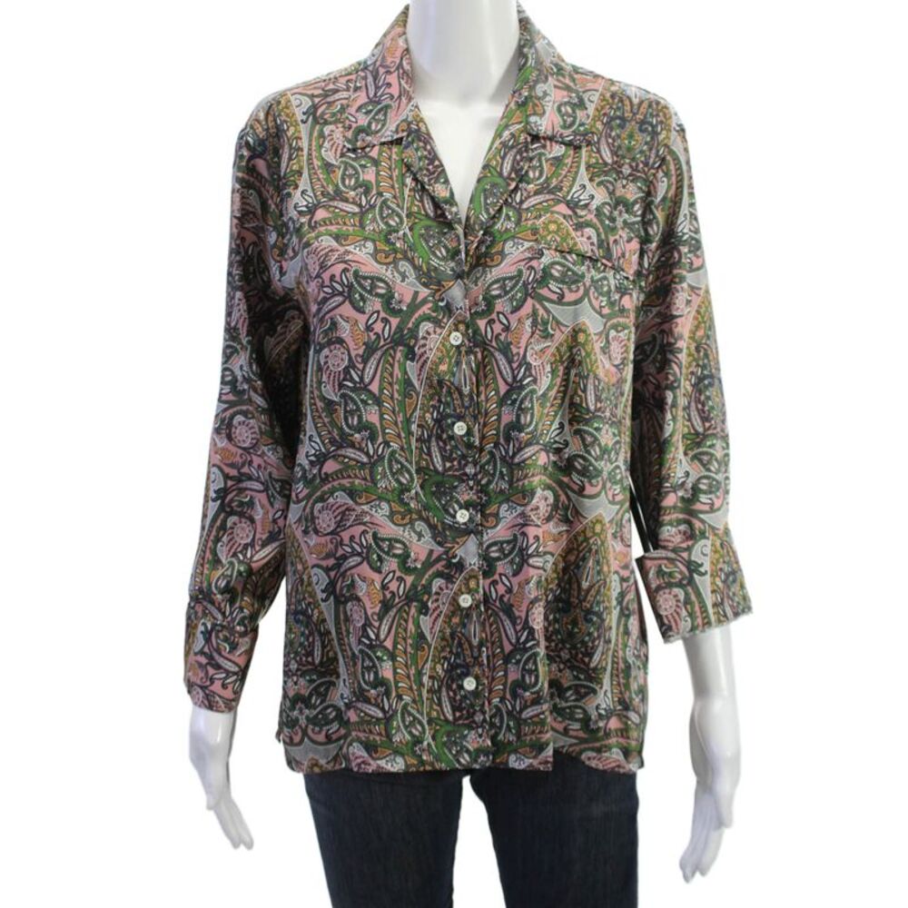 Icons Womens Boho Paisley Collared Button Up Blouse Green 3/4 Sleeve Size XS